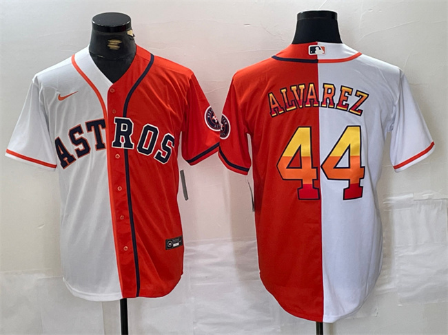 Men's Houston Astros #44 Yordan Alvarez White/Orange Split With Patch Cool Base Stitched Baseball Jersey